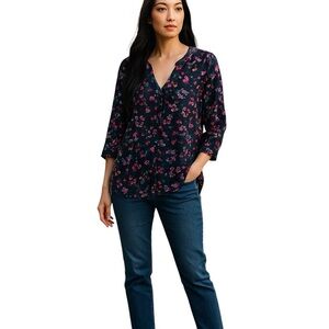 Yumi Kim Floral Blouse V-Neck Button Up Front 3/4 Sleeve Top Size L NWT